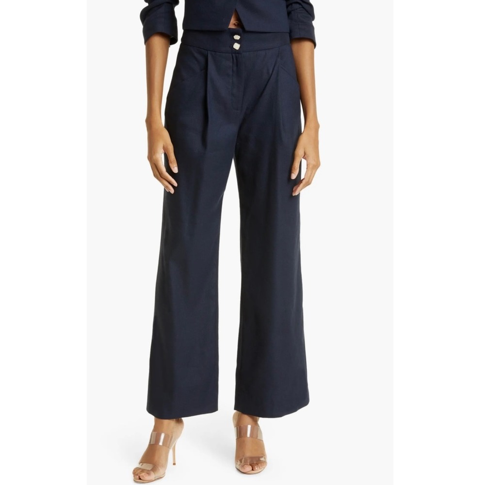Veronica Beard Kuna Linen Flare Pants 10 Navy Pleated Wide Leg Office Minimalist